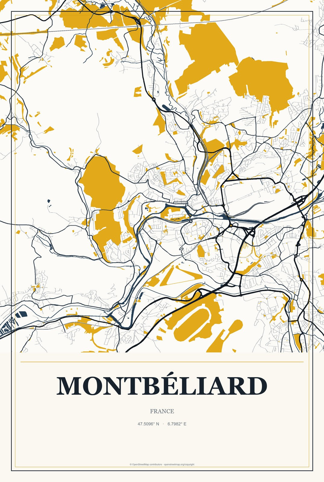 Montbéliard, France City Map Aluminum Sign in Citrine Modern style