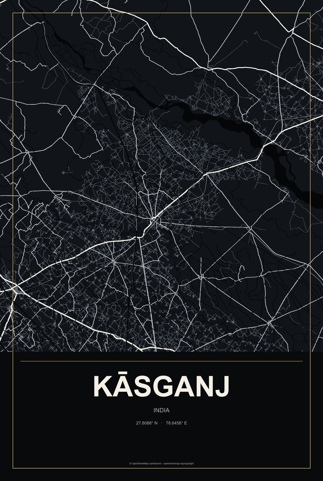 Kāsganj, India City Map Aluminum Sign in Metropolitan Noir style
