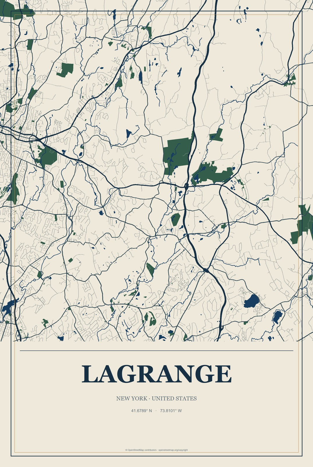 LaGrange, New York City Map Aluminum Sign in Coastal Cutout style