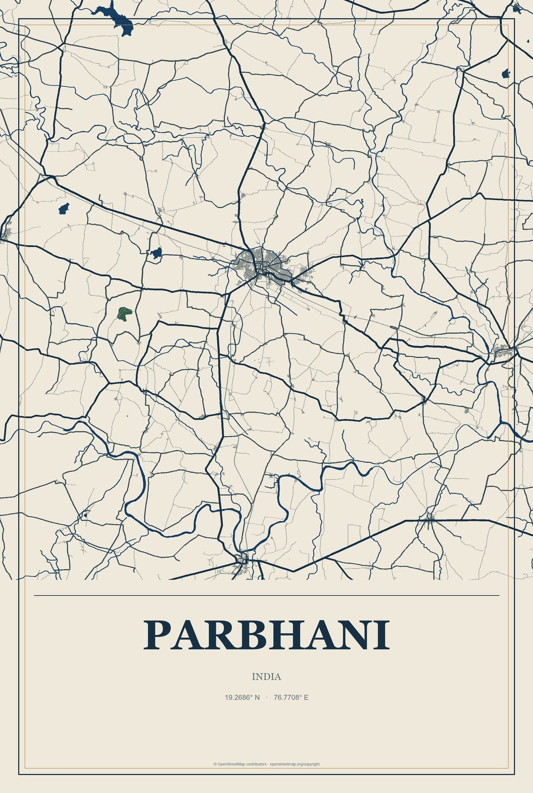 Parbhani, India City Map Aluminum Sign in Coastal Cutout style