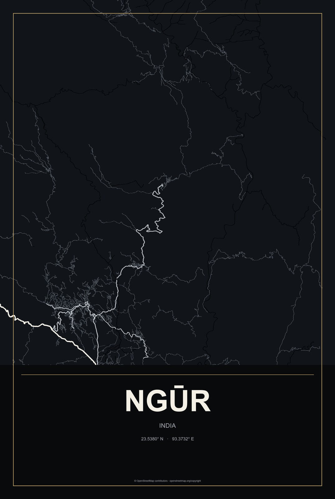 Ngūr, India City Map Aluminum Sign in Metropolitan Noir style