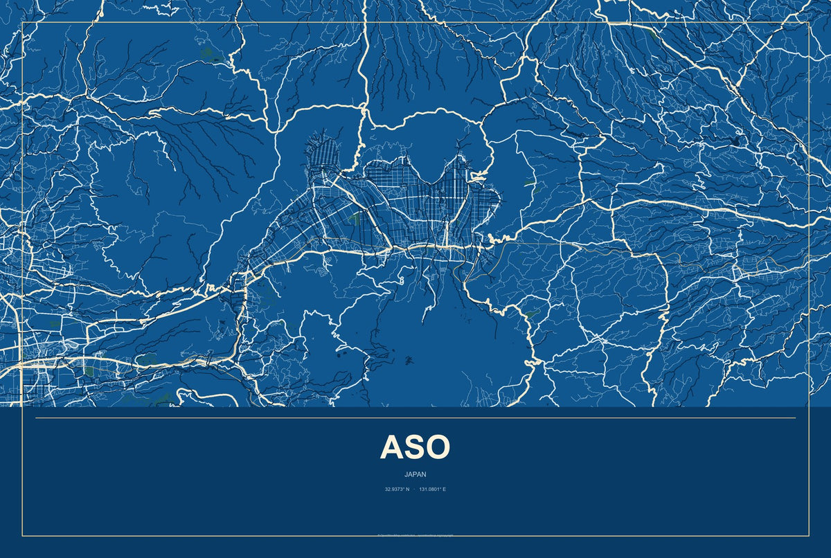 Aso, Japan City Map Aluminum Sign in Harbor Cobalt style