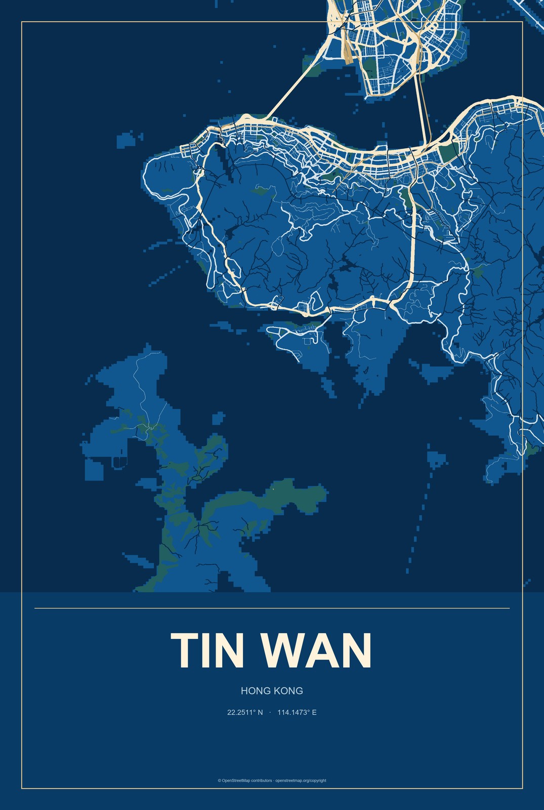 Tin Wan, Hong Kong City Map Aluminum Sign in Harbor Cobalt style