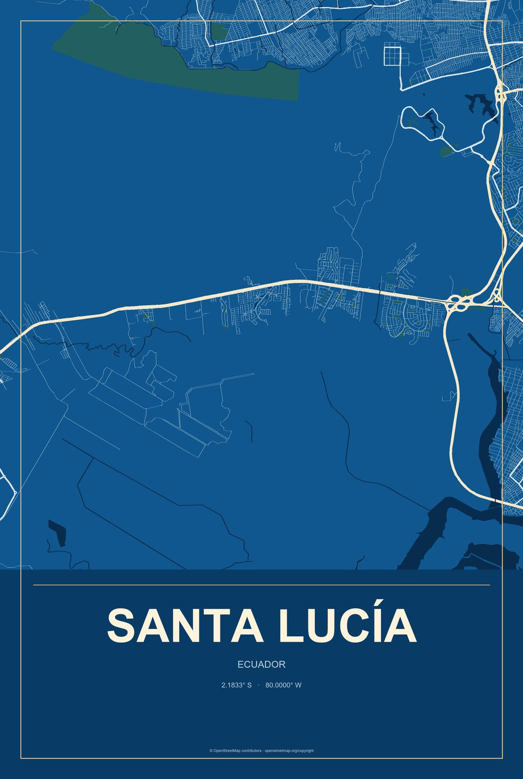 Santa Lucía, Ecuador City Map Aluminum Sign in Harbor Cobalt style