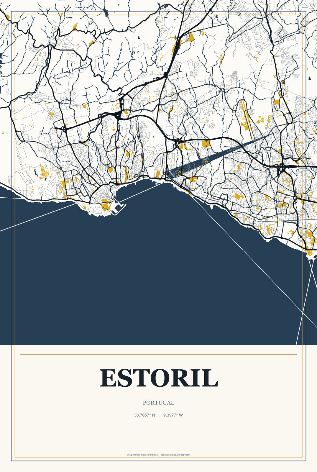 Estoril, Portugal City Map Aluminum Sign in Citrine Modern style