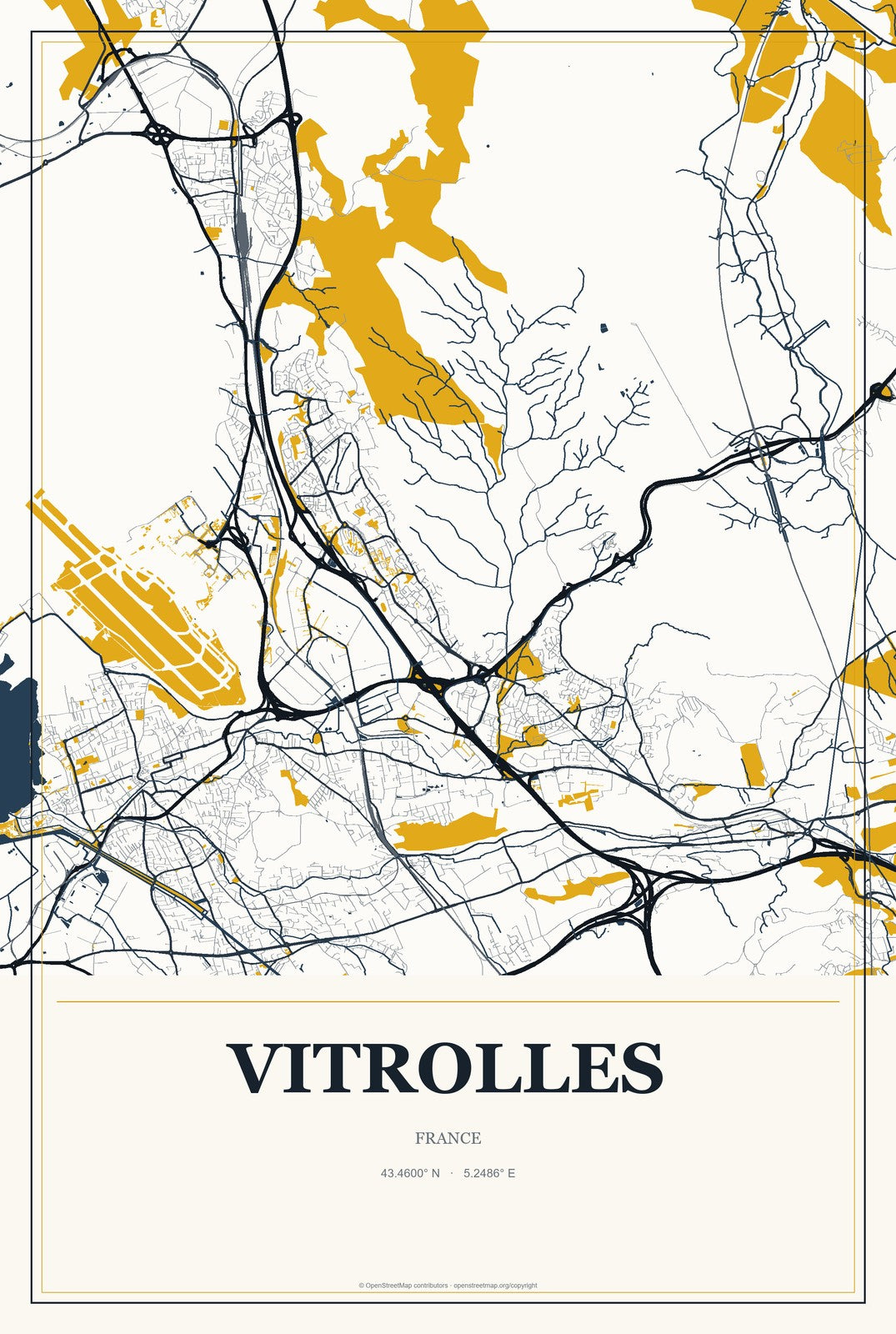 Vitrolles, France City Map Aluminum Sign in Citrine Modern style