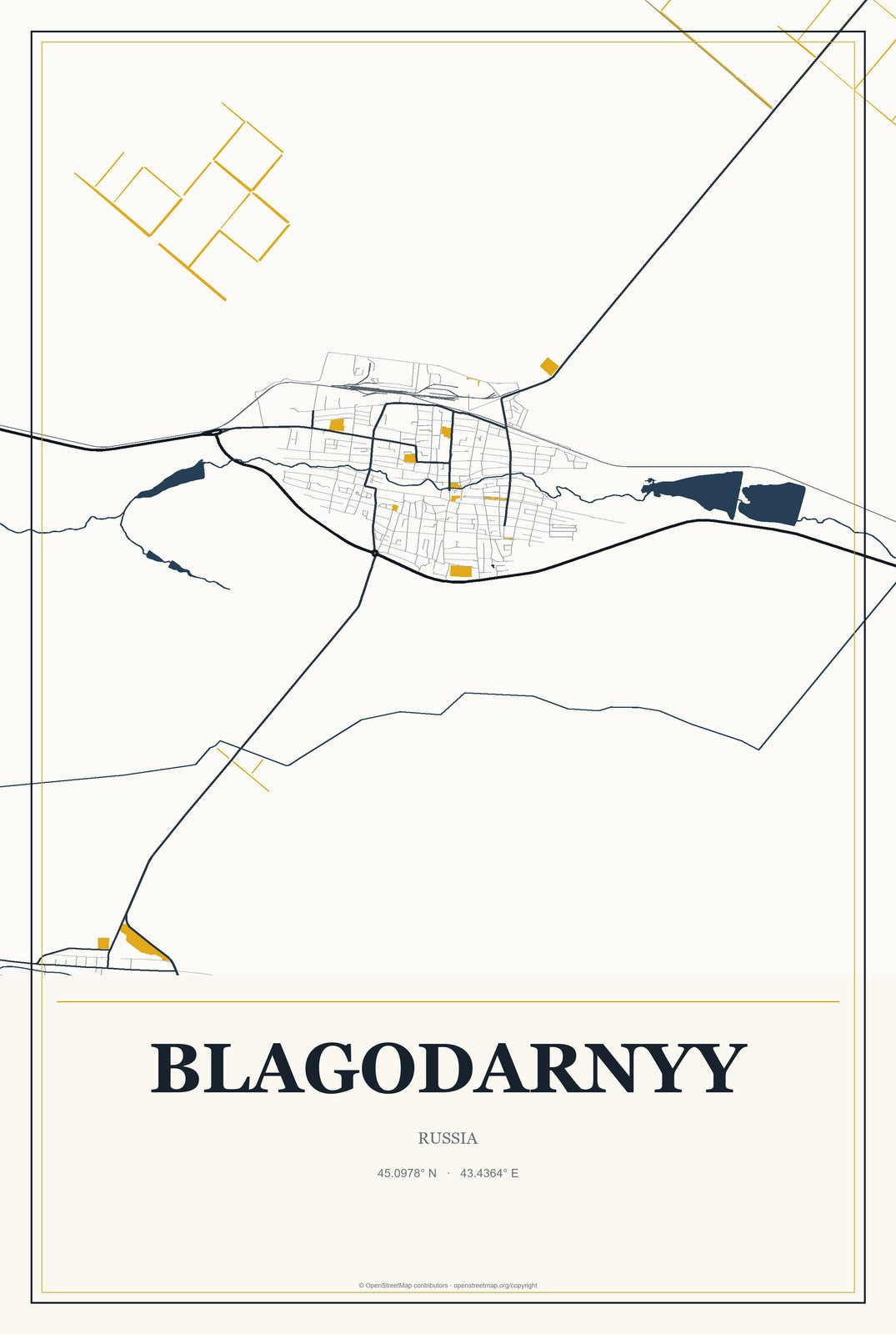 Blagodarnyy, Russia City Map Aluminum Sign in Citrine Modern style