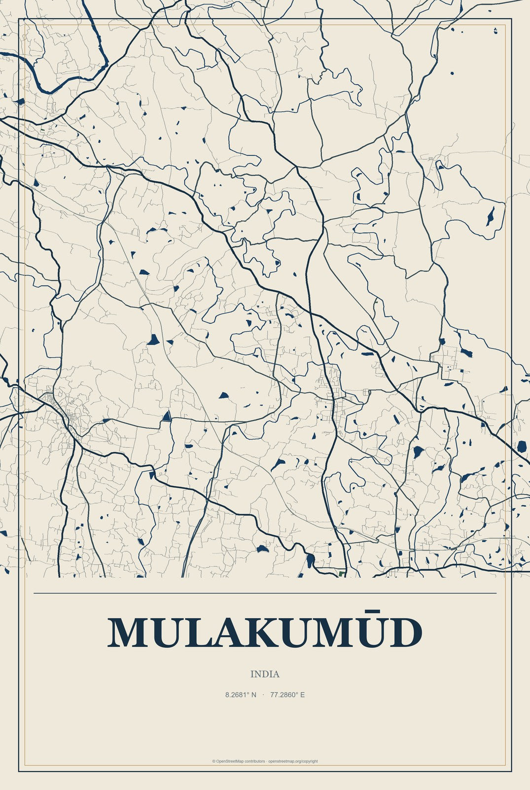 Mulakumūd, India City Map Aluminum Sign in Coastal Cutout style