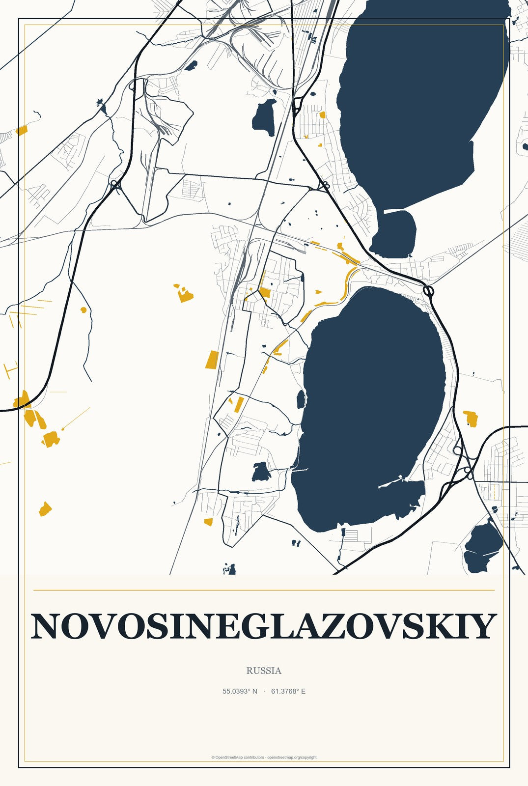 Novosineglazovskiy, Russia City Map Aluminum Sign in Citrine Modern style
