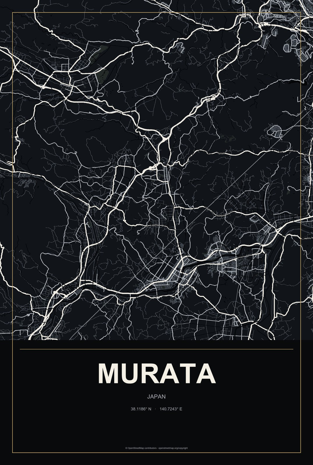 Murata, Japan City Map Aluminum Sign in Metropolitan Noir style