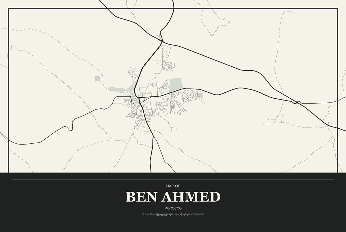 Ben Ahmed, Morocco City Map Aluminum Sign in Museum Plaque style