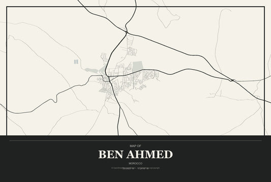 Ben Ahmed, Morocco City Map Aluminum Sign in Museum Plaque style