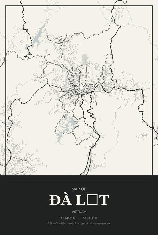 Ðà Lạt, Vietnam City Map Aluminum Sign in Museum Plaque style