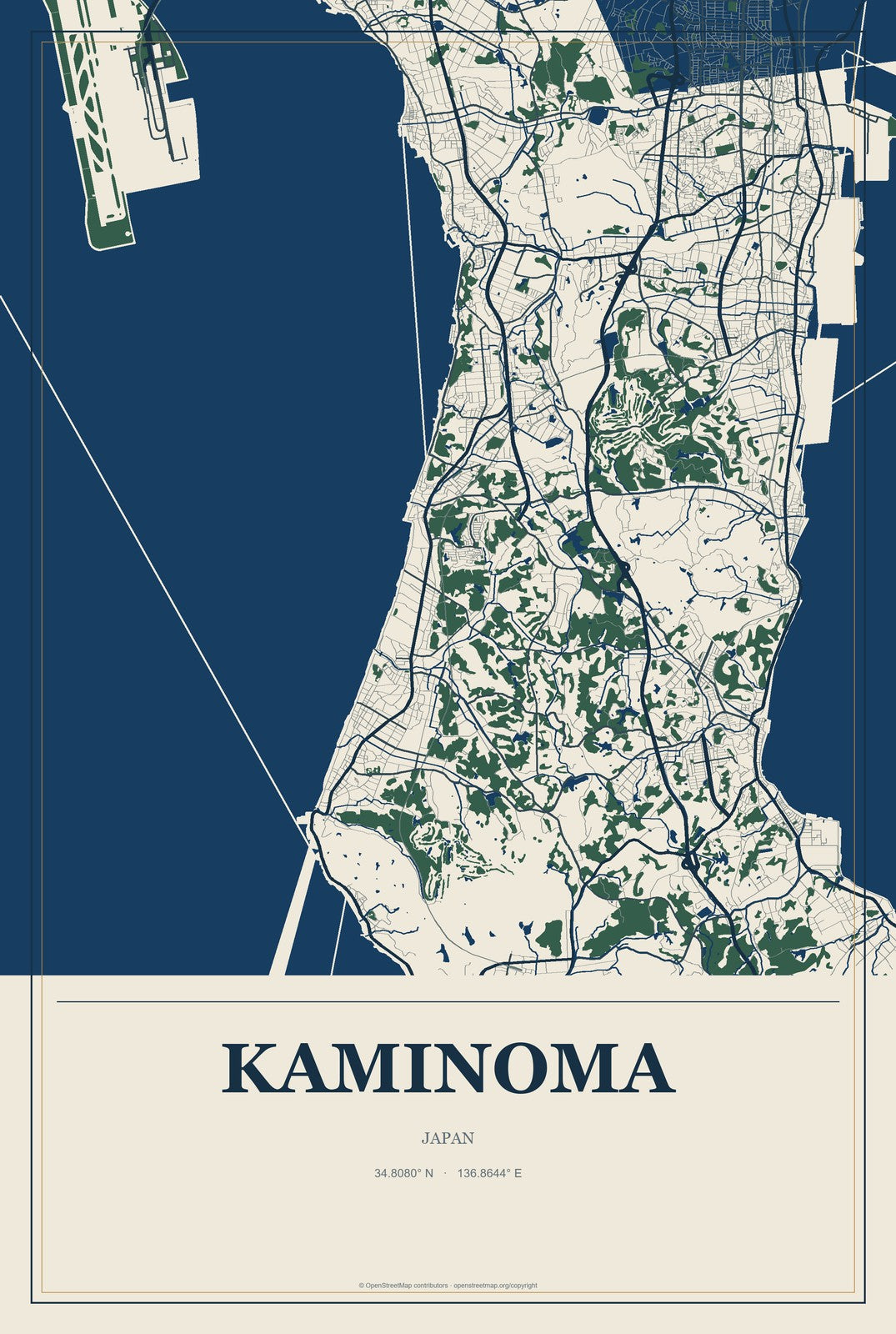 Kaminoma, Japan City Map Aluminum Sign in Coastal Cutout style