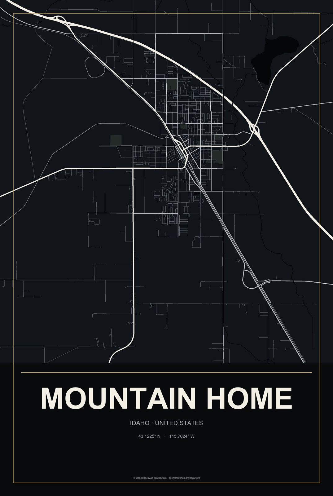 Mountain Home, Idaho City Map Aluminum Sign in Metropolitan Noir style
