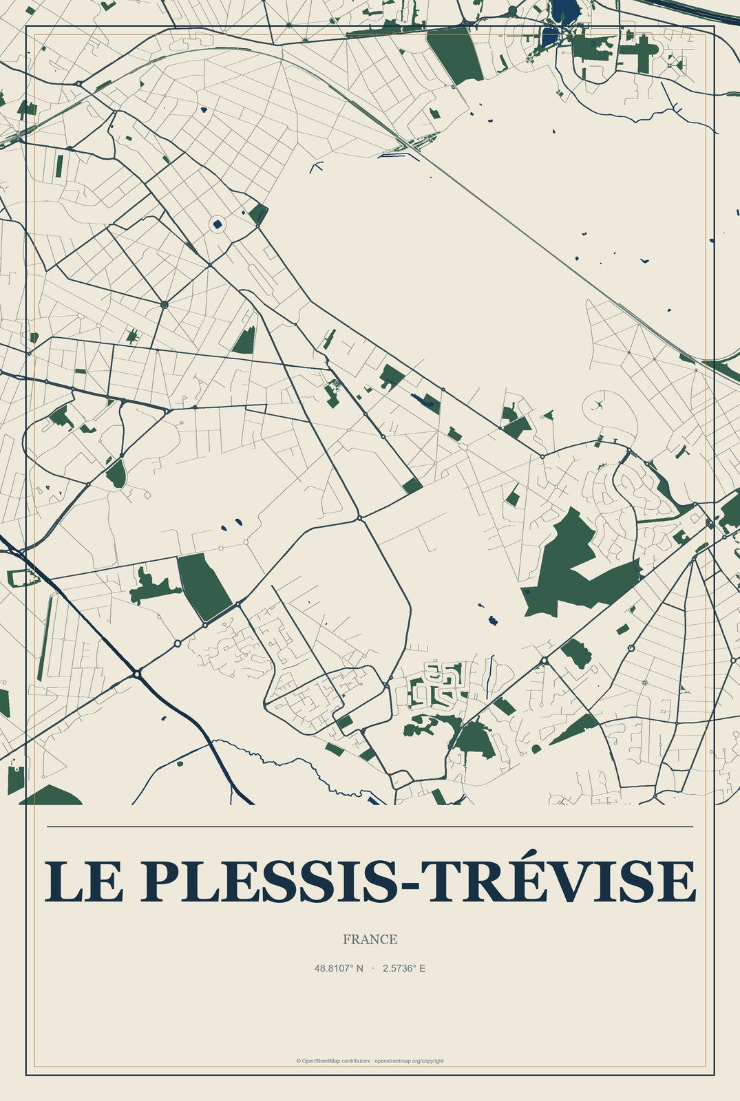 Le Plessis-Trévise, France City Map Aluminum Sign in Coastal Cutout style