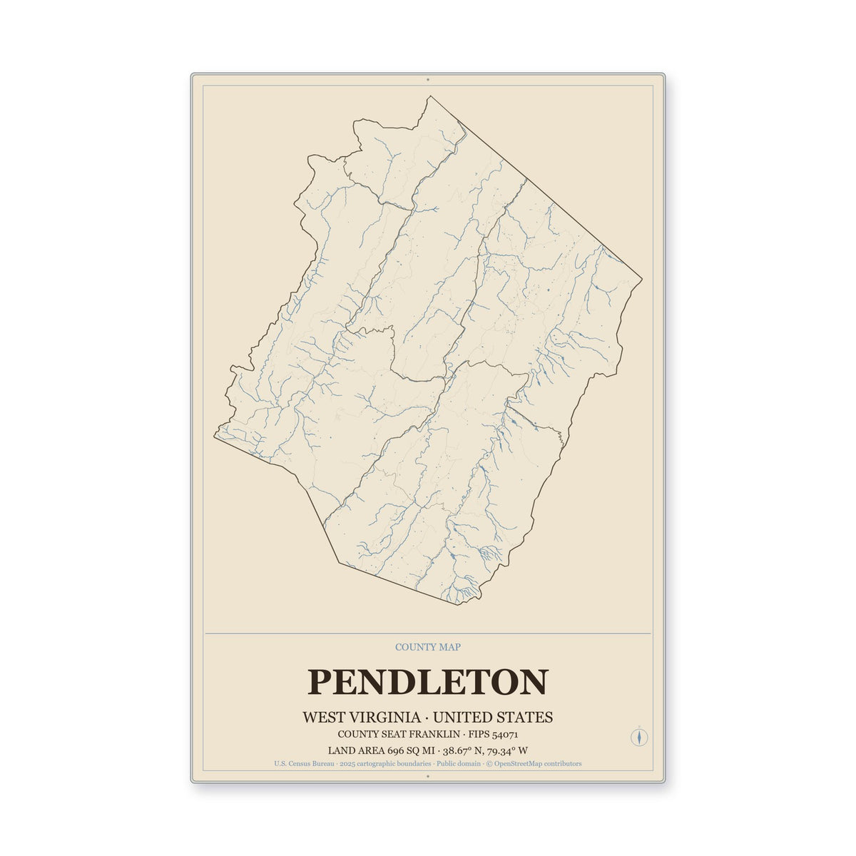 Pendleton County, West Virginia Map Aluminum Sign in Heritage Nautical style