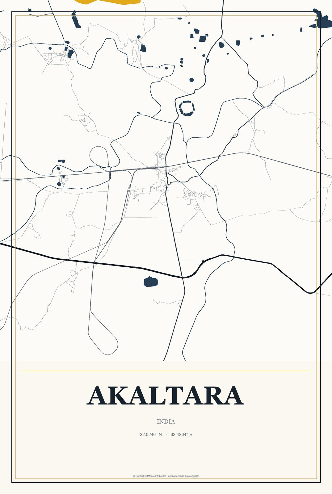 Akaltara, India City Map Aluminum Sign in Citrine Modern style