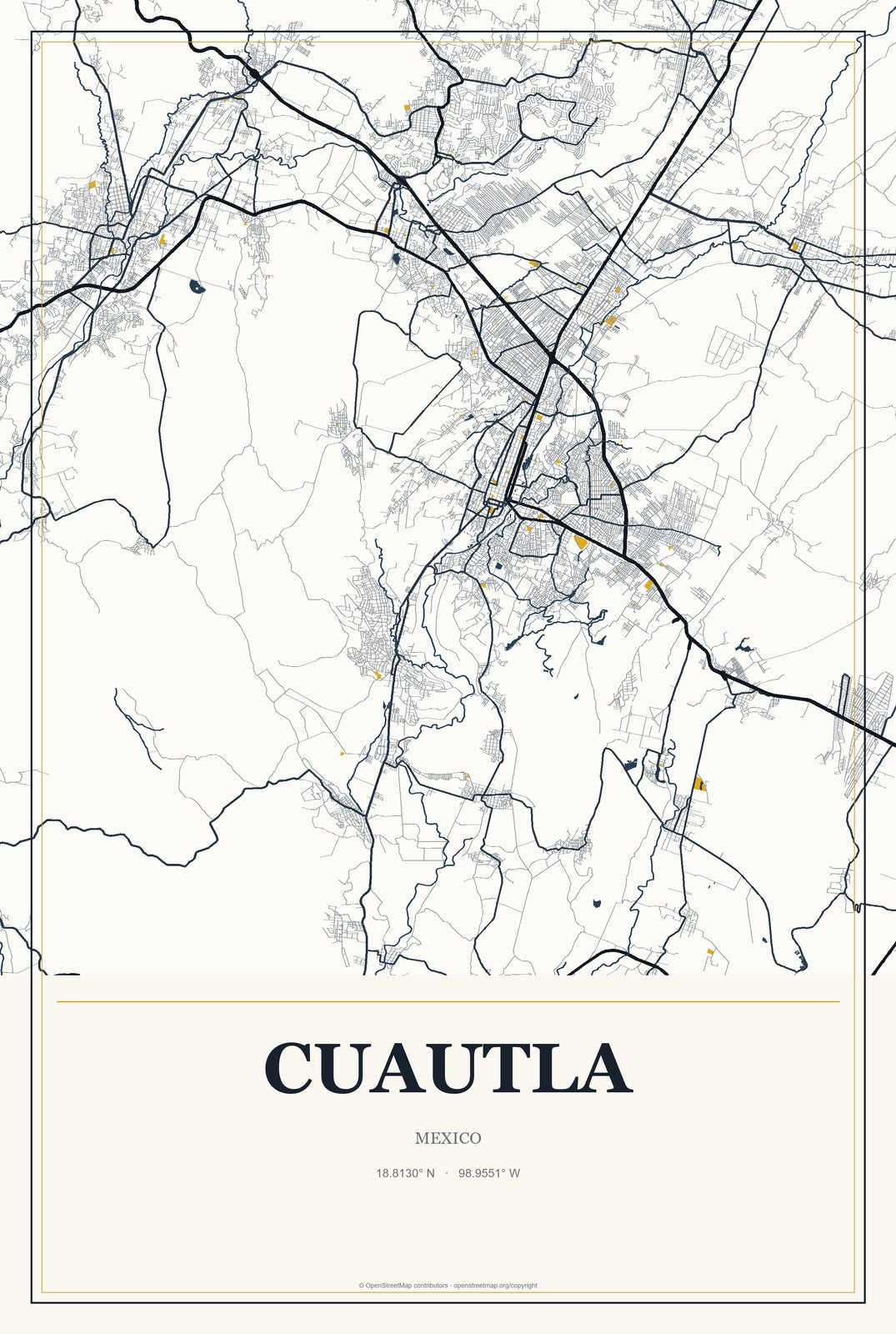 Cuautla, Mexico City Map Aluminum Sign in Citrine Modern style