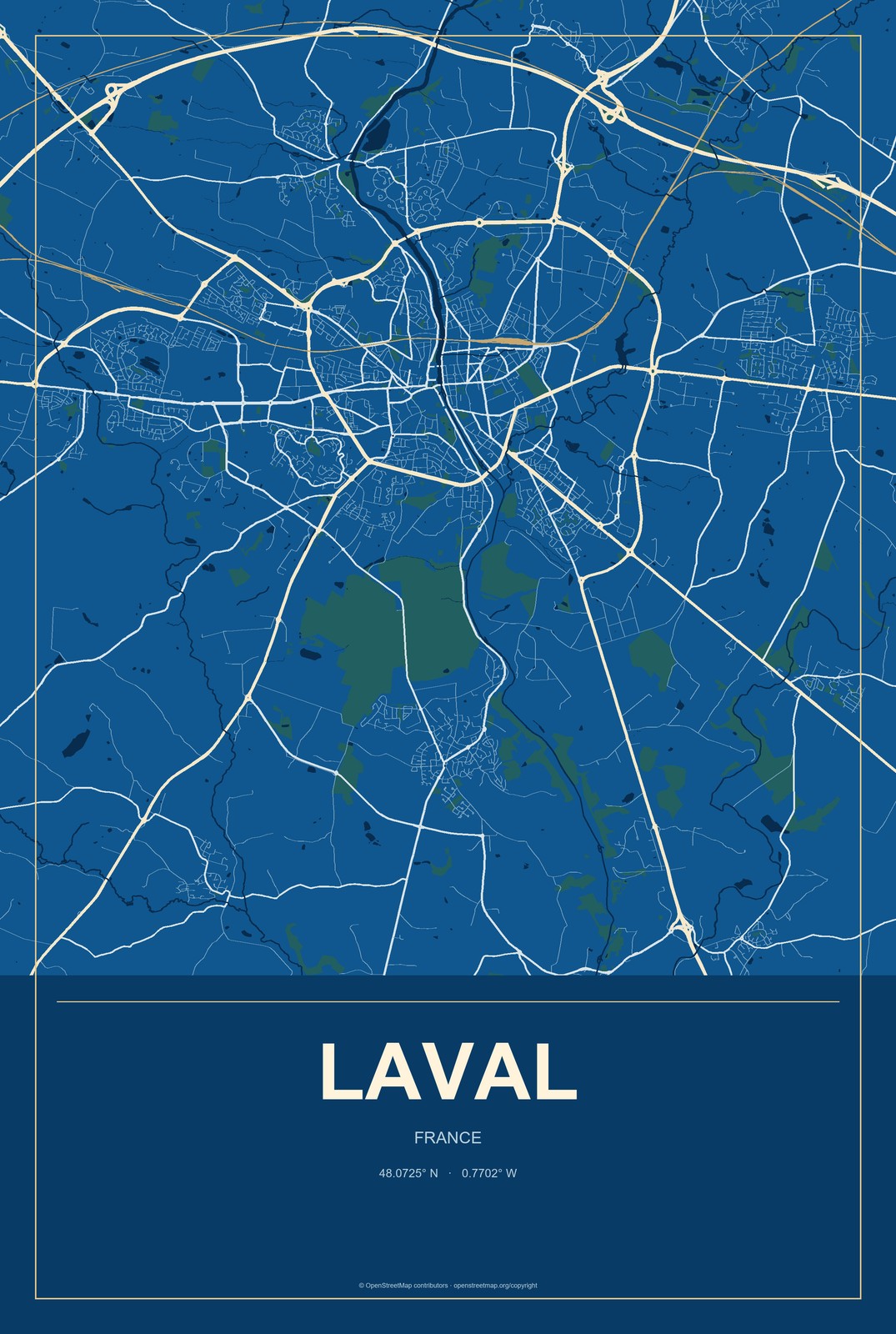 Laval, France City Map Aluminum Sign in Harbor Cobalt style