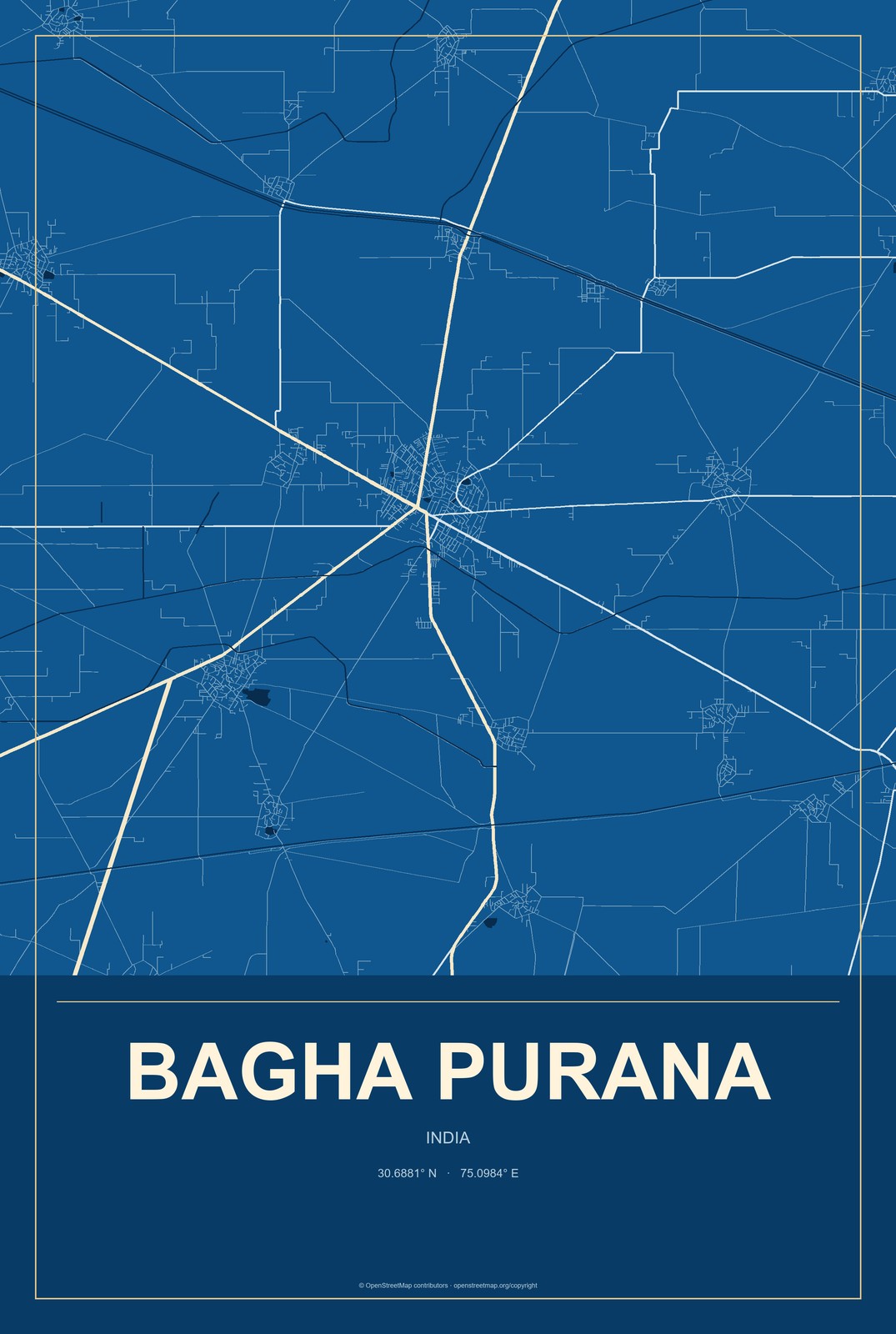 Bagha Purana, India City Map Aluminum Sign in Harbor Cobalt style
