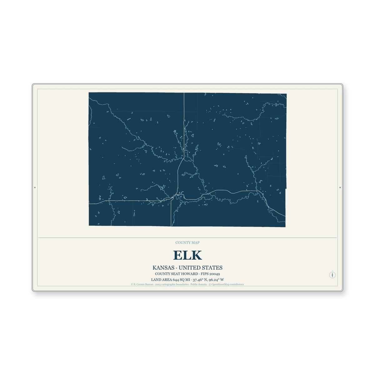Elk County, Kansas Map Aluminum Sign in Coastal Cutout style