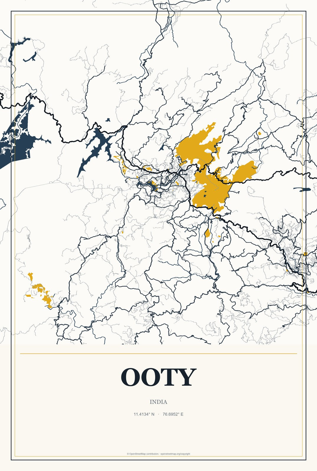Ooty, India City Map Aluminum Sign in Citrine Modern style