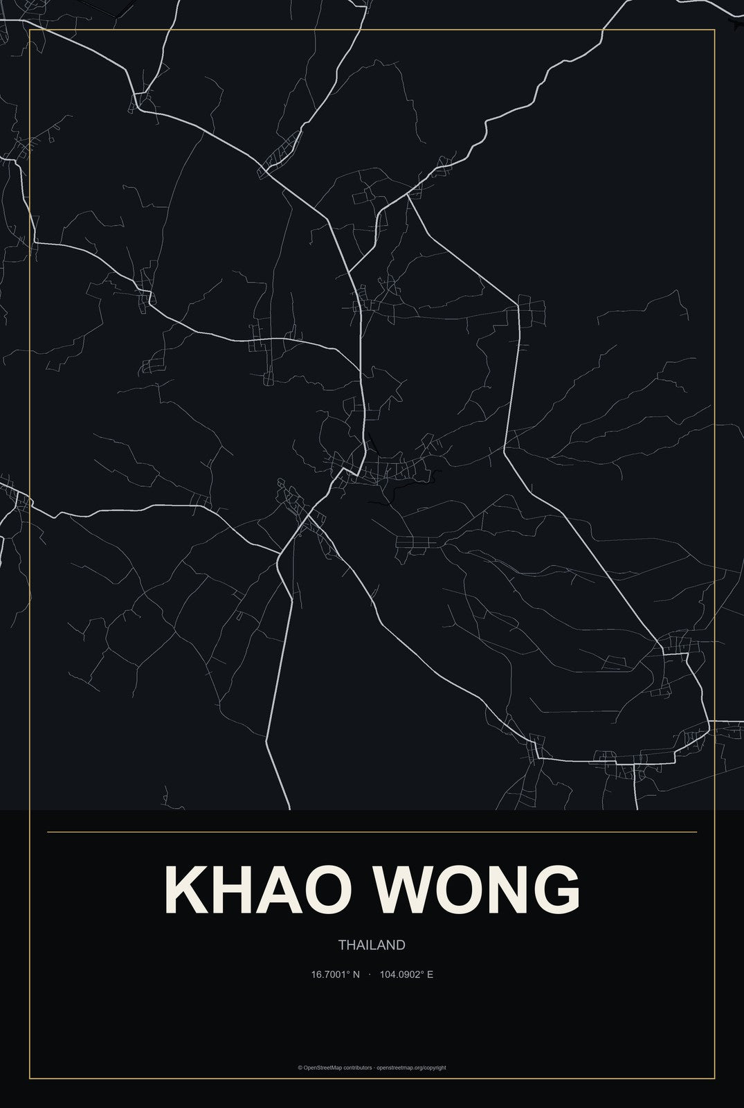 Khao Wong, Thailand City Map Aluminum Sign in Metropolitan Noir style