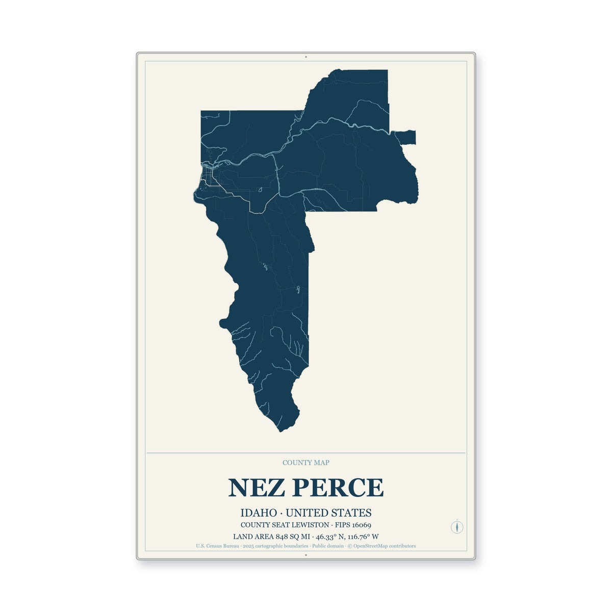 Nez Perce County, Idaho Map Aluminum Sign in Coastal Cutout style