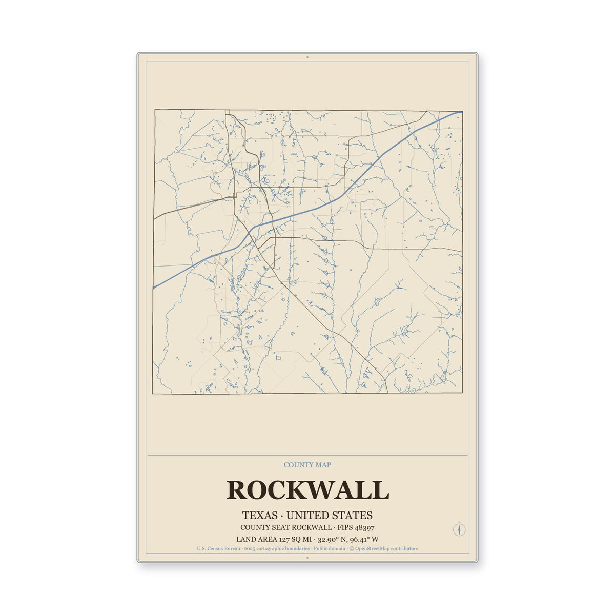 Rockwall County, Texas Map Aluminum Sign in Heritage Nautical style
