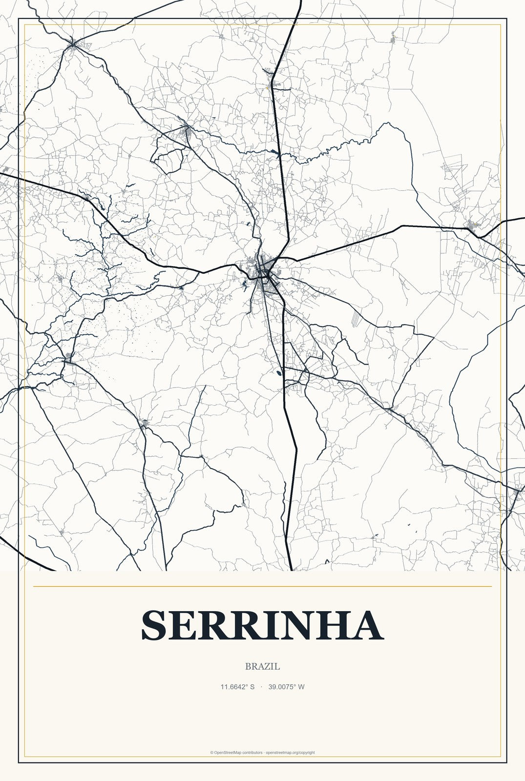Serrinha, Brazil City Map Aluminum Sign in Citrine Modern style