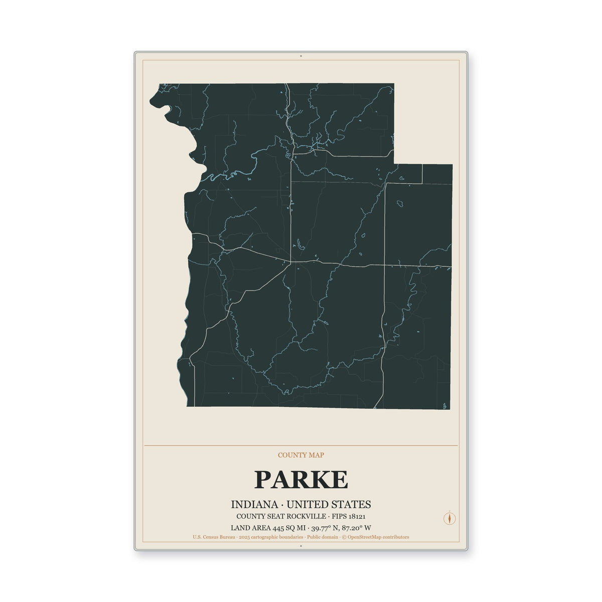 Parke County, Indiana Map Aluminum Sign in Headline Atlas style