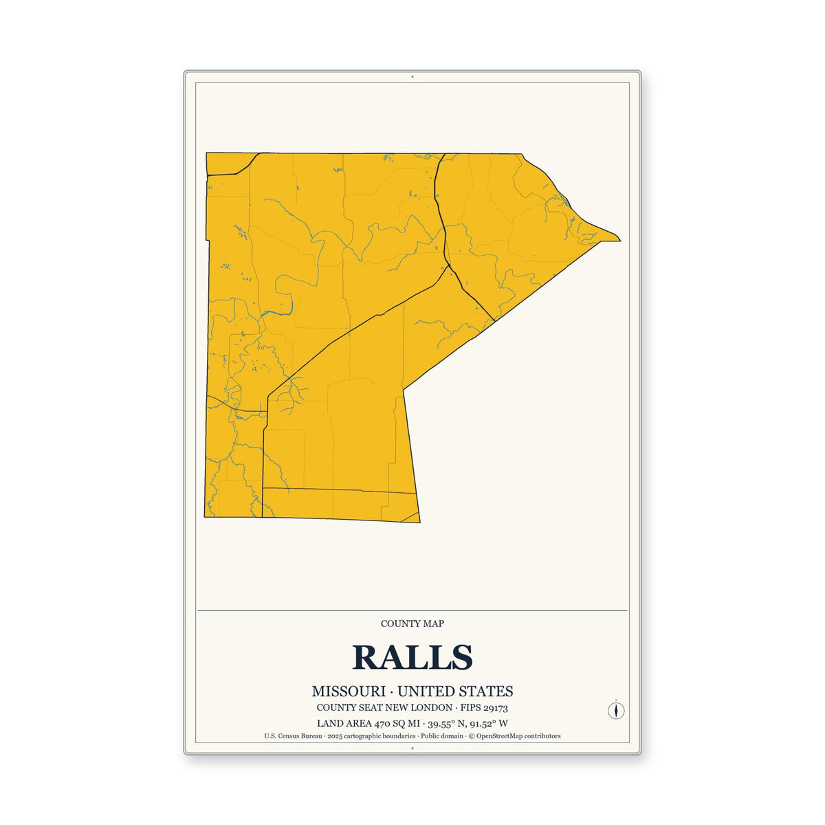 Ralls County, Missouri Map Aluminum Sign in Citrine Modern style