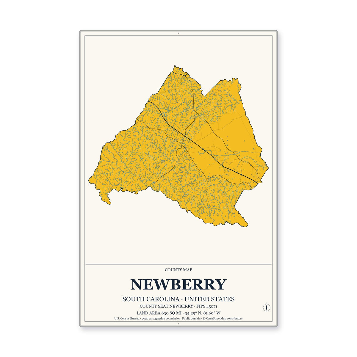 Newberry County, South Carolina Map Aluminum Sign in Citrine Modern style