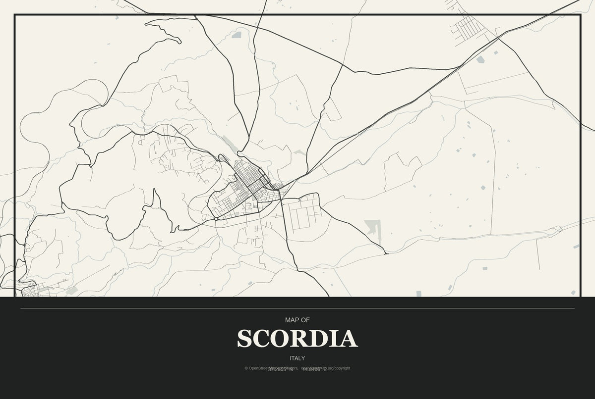 Scordia, Italy City Map Aluminum Sign in Museum Plaque style