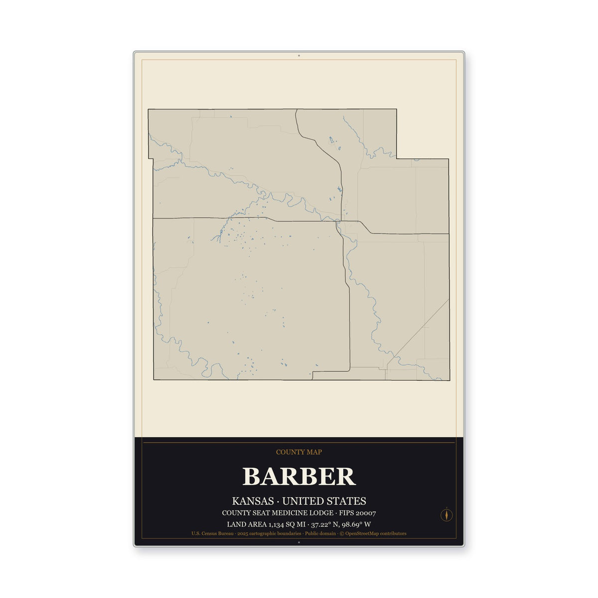 Barber County, Kansas Map Aluminum Sign in Museum Plaque style