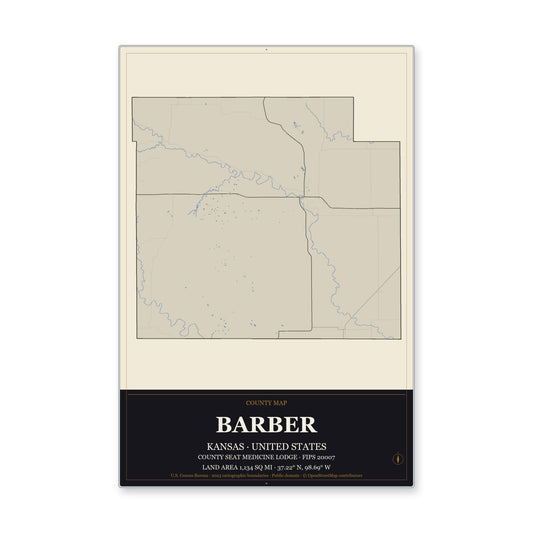 Barber County, Kansas Map Aluminum Sign in Museum Plaque style