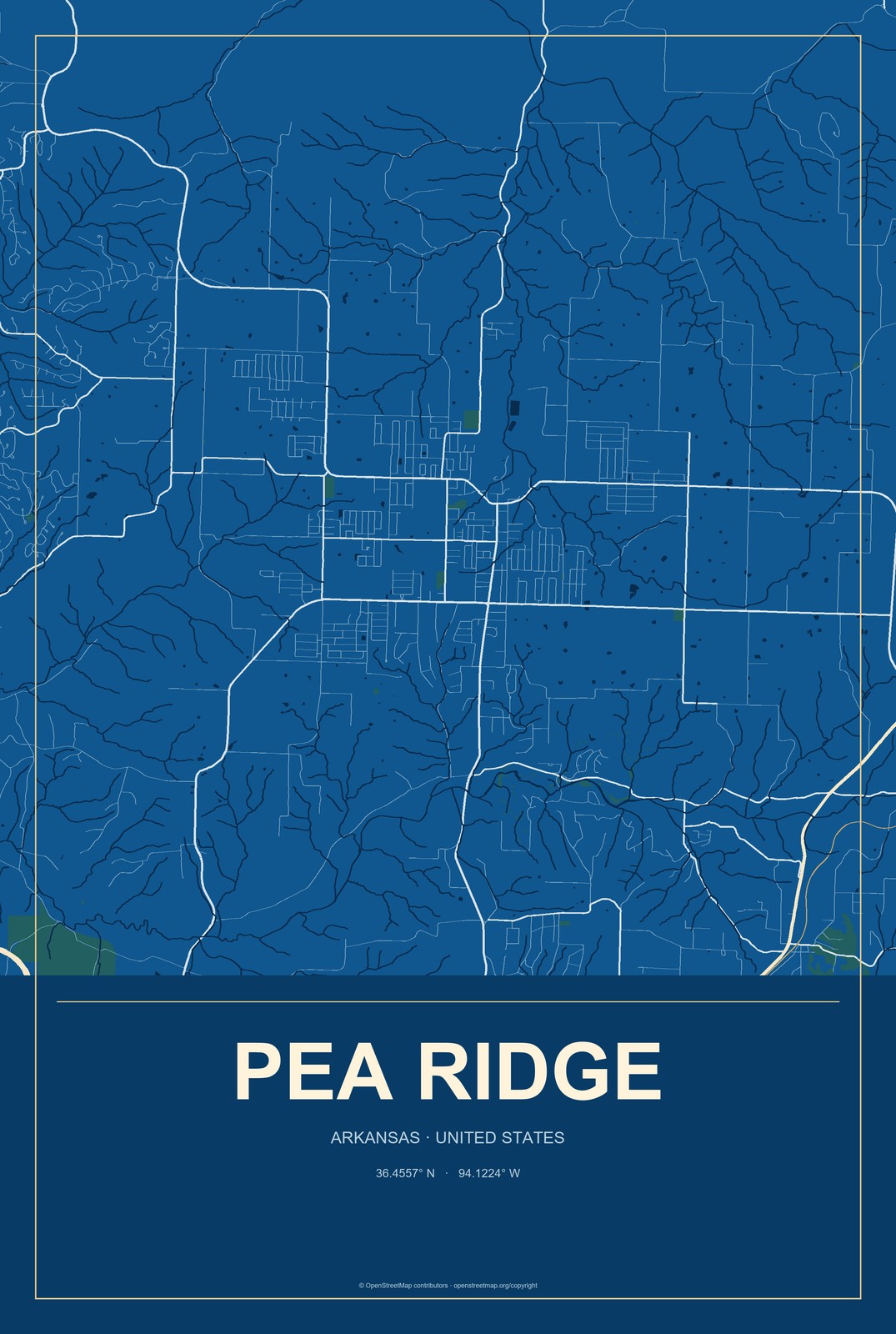 Pea Ridge, Arkansas City Map Aluminum Sign in Harbor Cobalt style