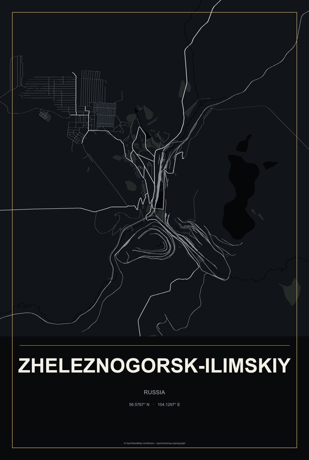Zheleznogorsk-Ilimskiy, Russia City Map Aluminum Sign in Metropolitan Noir style