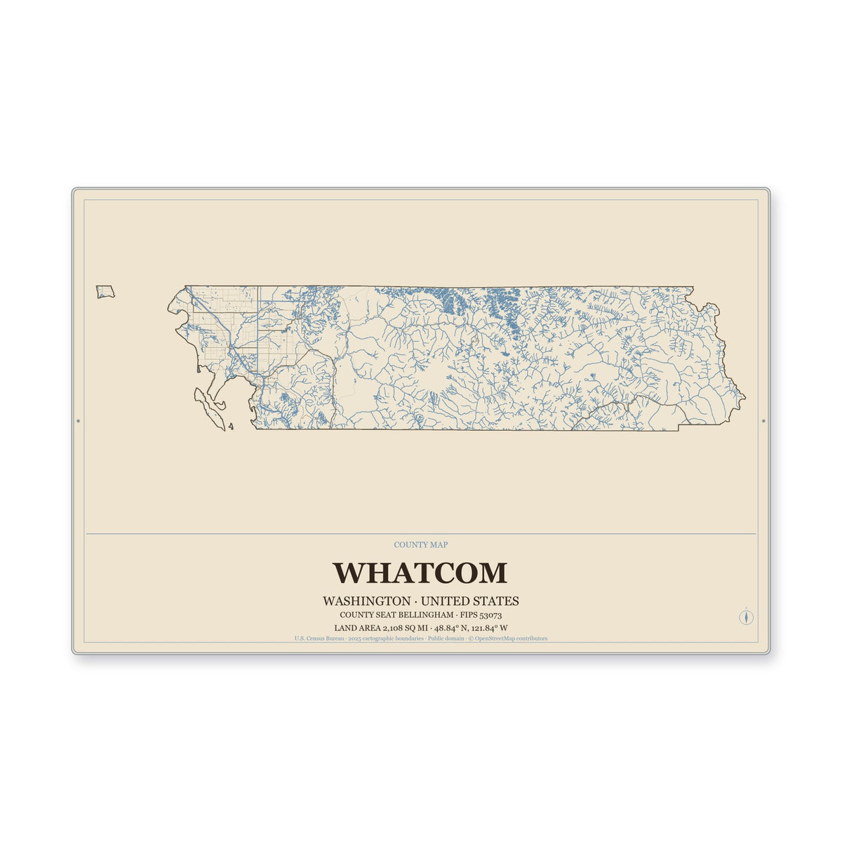 Whatcom County, Washington Map Aluminum Sign in Heritage Nautical style