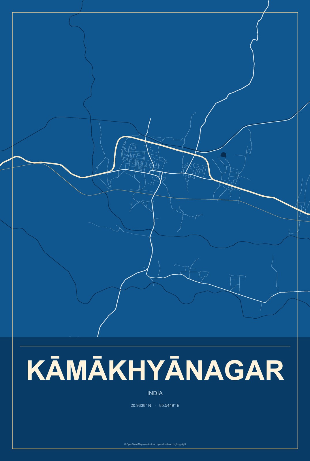 Kāmākhyānagar, India City Map Aluminum Sign in Harbor Cobalt style