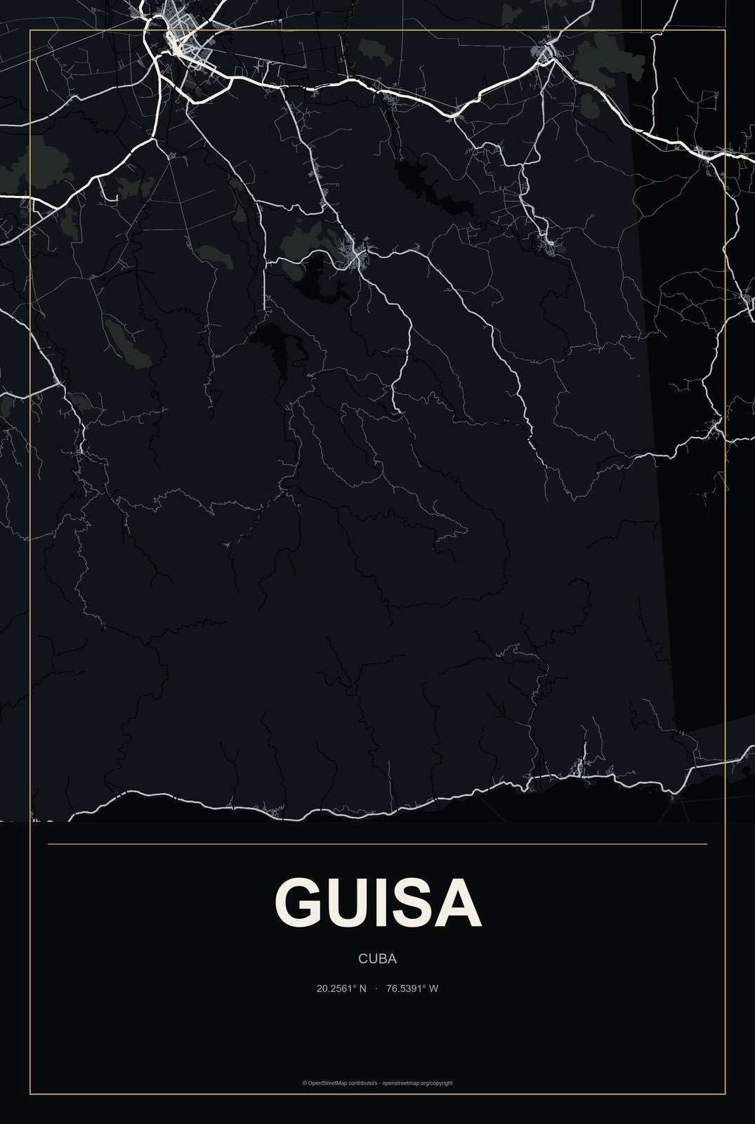 Guisa, Cuba City Map Aluminum Sign in Metropolitan Noir style