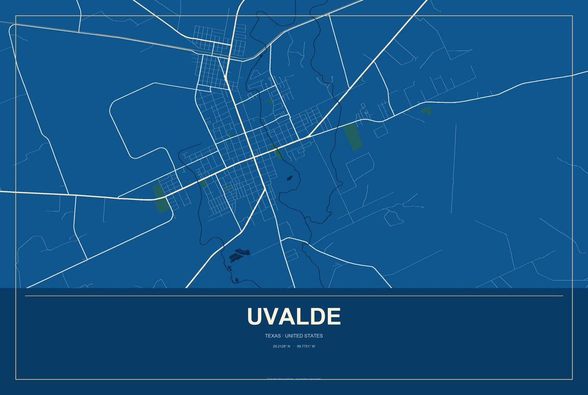 Uvalde, Texas City Map Aluminum Sign in Harbor Cobalt style