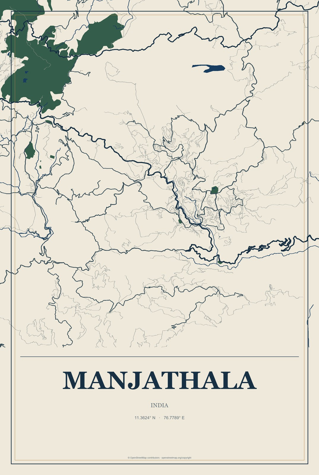 Manjathala, India City Map Aluminum Sign in Coastal Cutout style