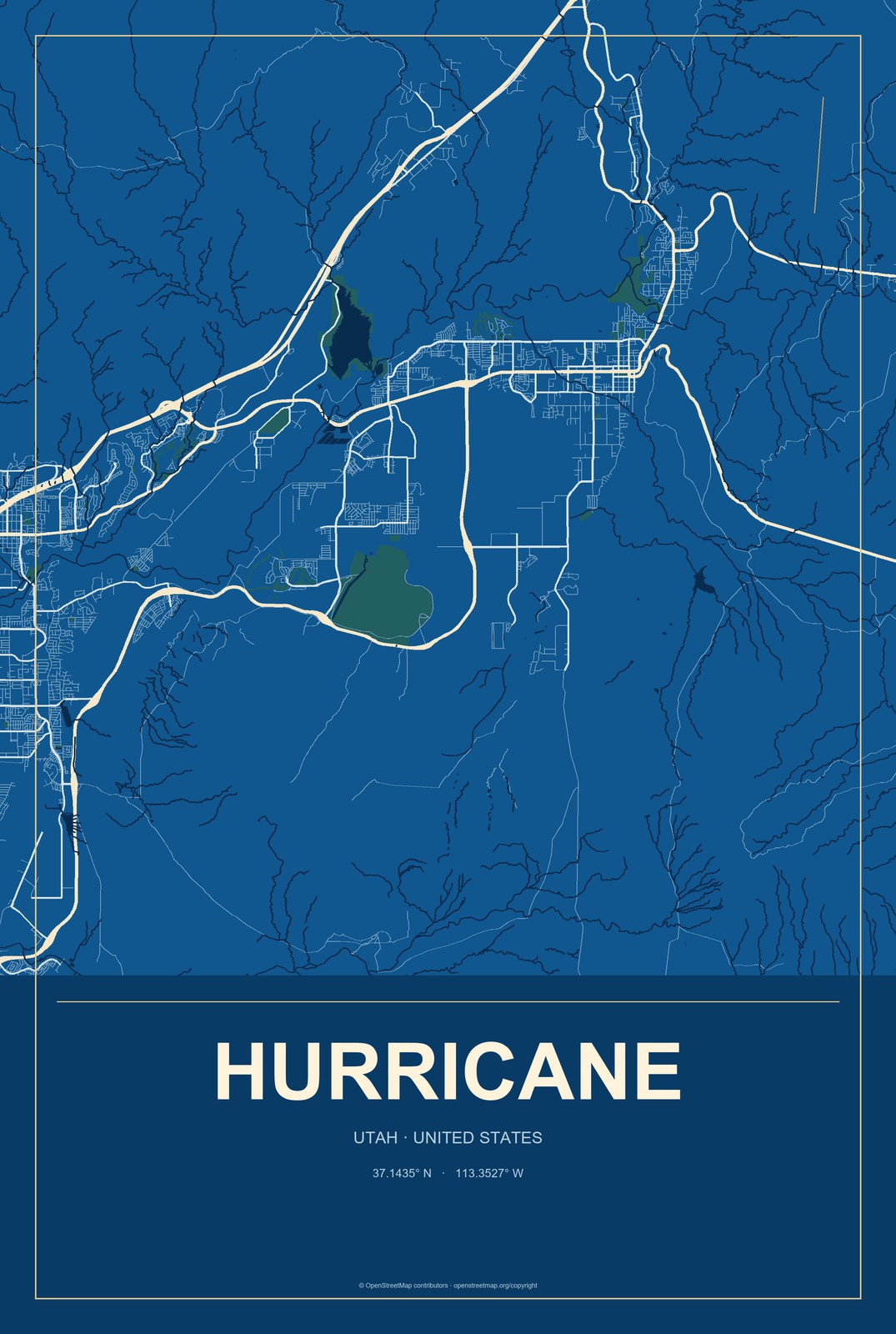 Hurricane, Utah City Map Aluminum Sign in Harbor Cobalt style