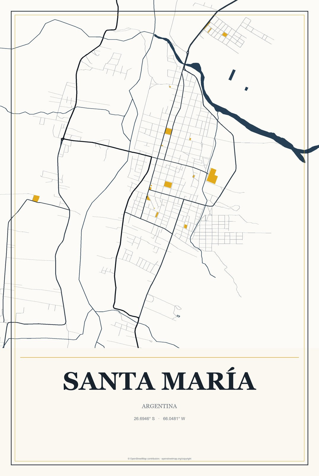 Santa María, Argentina City Map Aluminum Sign in Citrine Modern style