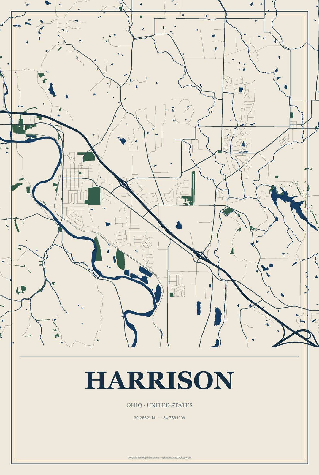 Harrison, Ohio City Map Aluminum Sign in Coastal Cutout style