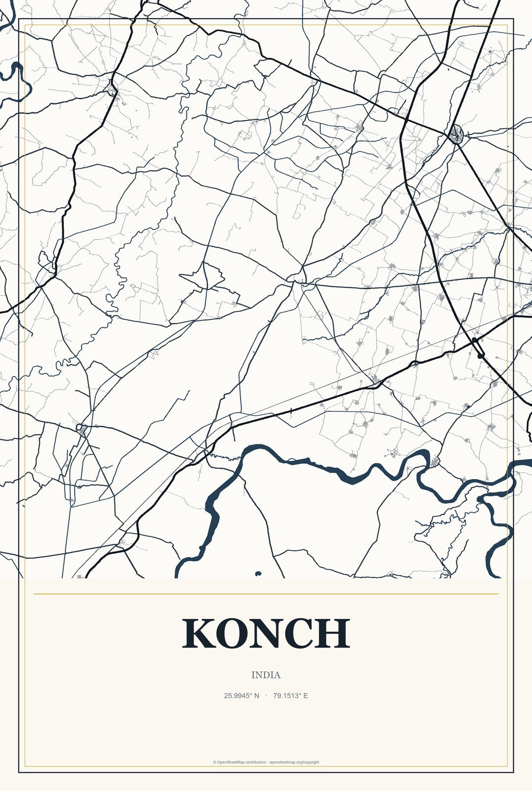 Konch, India City Map Aluminum Sign in Citrine Modern style