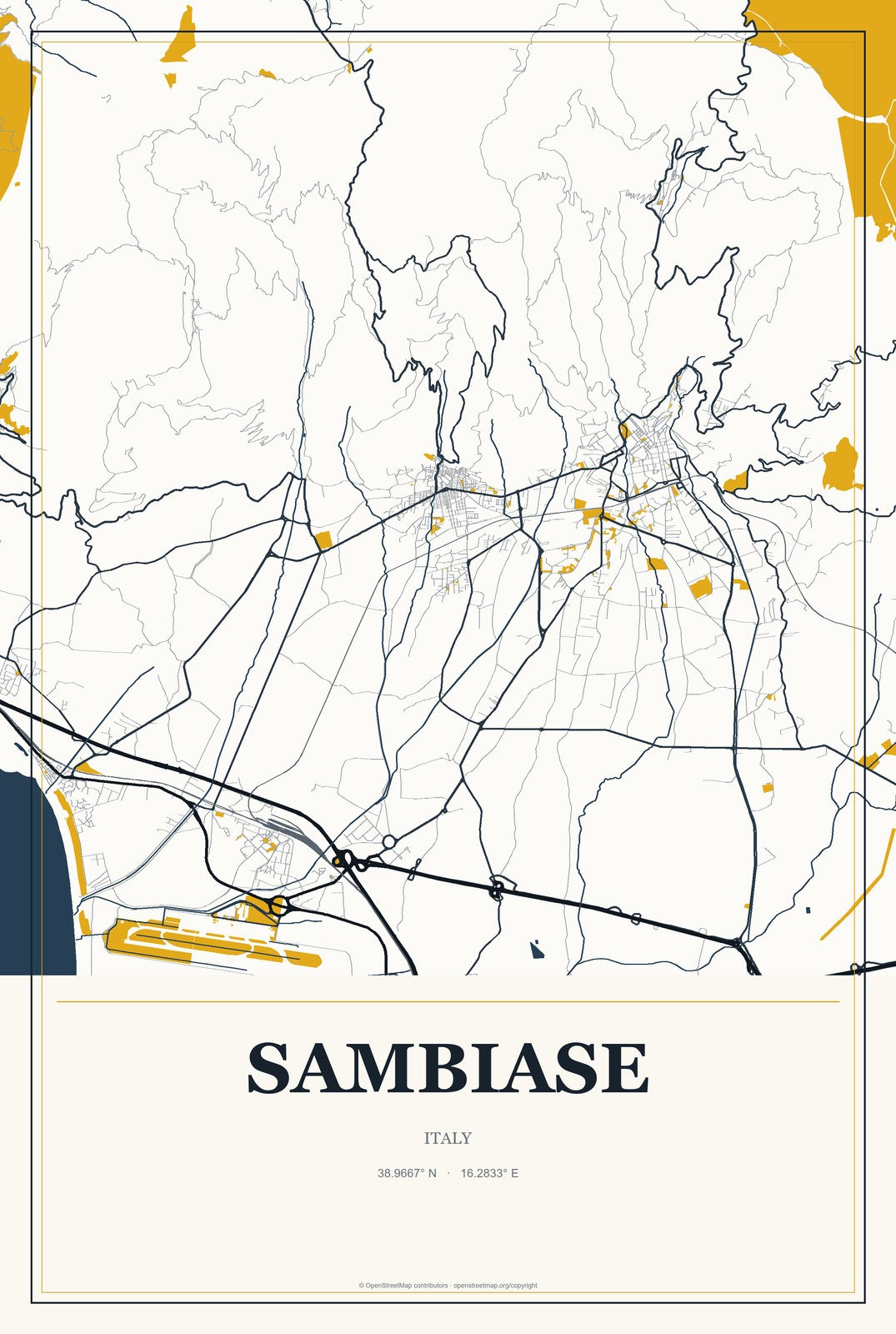 Sambiase, Italy City Map Aluminum Sign in Citrine Modern style
