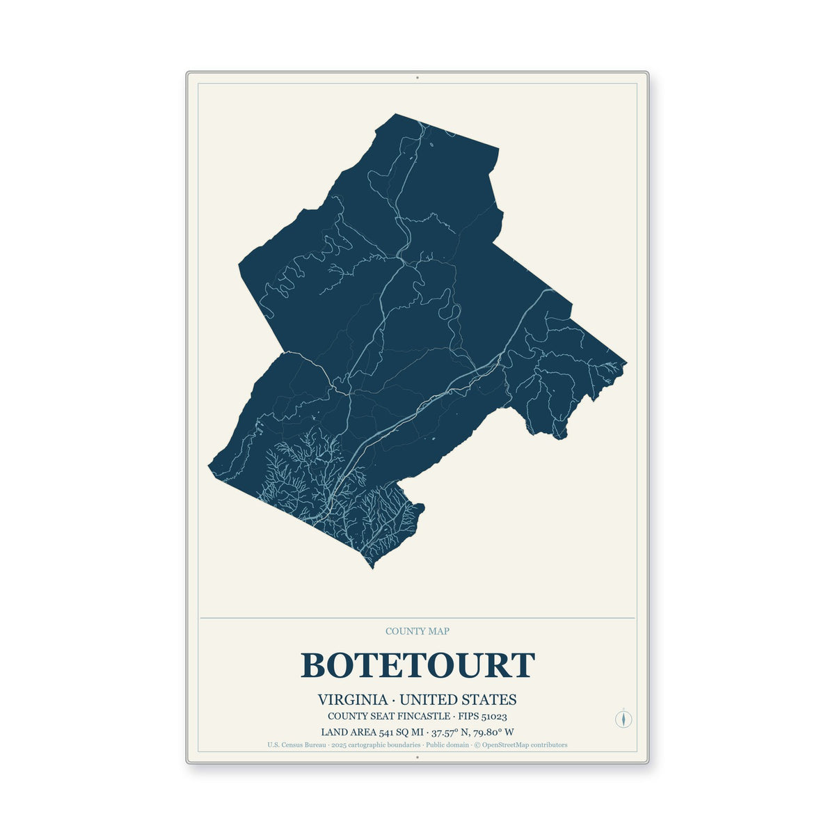 Botetourt County, Virginia Map Aluminum Sign in Coastal Cutout style